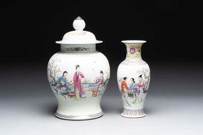 A Chinese famille rose covered vase and baluster vase, Qianlong marks, 20th C.