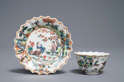 A Chinese famille rose cup and saucer with fishermen, Yongzheng
