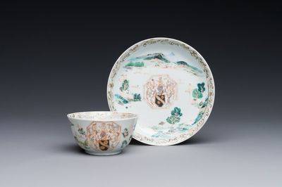 A Chinese famille rose cup and saucer with the arms of Beekman of Zeeland for the Dutch market, Yongzheng