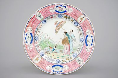 A Chinese famille rose dish after Cornelis Pronk: "Dames au parasol", ca. 1736-1738