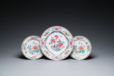 A Chinese famille rose dish and a pair of plates, Yongzheng