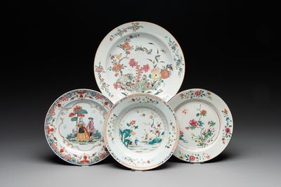 A Chinese famille rose dish, two plates and a Dutch-decorated plate, Qianlong