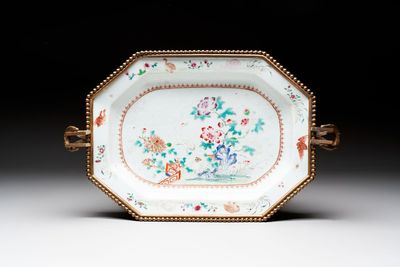 A Chinese famille rose dish with a crane among flowering branches with bronze mount, Qianlong