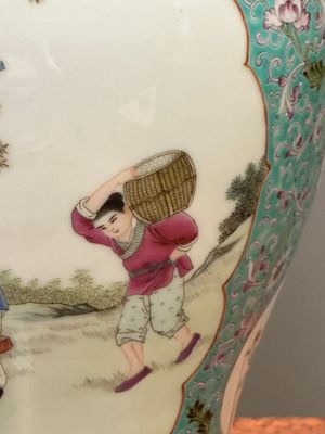 A Chinese famille rose dish with figural design and a 'rice production' vase, Qianlong mark, 20th C. — 照片 19