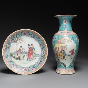 A Chinese famille rose dish with figural design and a 'rice production' vase, Qianlong mark, 20th C. — 照片 1