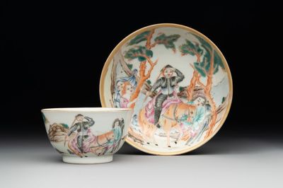 A Chinese famille rose 'Don Quixote' cup and saucer, 18/19th C.