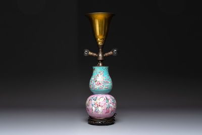A Chinese famille rose double gourd 'Eight Immortals' vase mounted as a lamp, 19th C.
