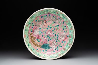 A Chinese famille rose 'dragon and phoenix' dish for the Straits or Peranakan market, 19th C.
