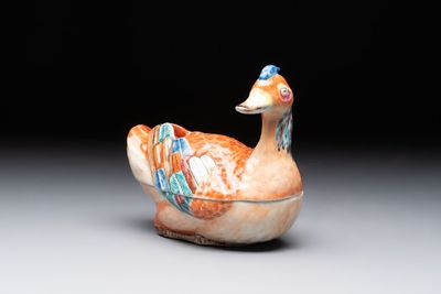 A Chinese famille rose duck-shaped tureen and cover, Qianlong