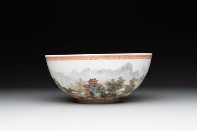 A Chinese famille rose eggshell 'landscape' bowl, signed Zou Guojun 鄒國鈞, Jing De Zhen Zhi 景德鎮制 mark, dated 1959