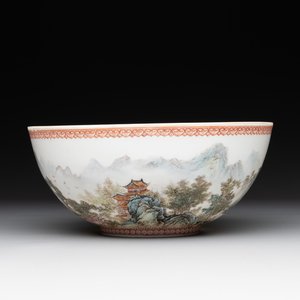 A Chinese famille rose eggshell 'landscape' bowl, signed Zou Guojun 鄒國鈞, Jing De Zhen Zhi 景德鎮制 mark, dated 1959 — photo 1