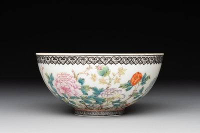 A Chinese famille rose eggshell 'peonies' bowl, Qianlong mark, 20th C.