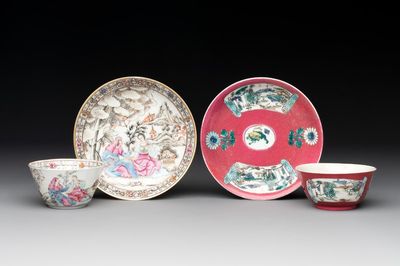 A Chinese famille rose 'erotic' cup and saucer and a ruby-ground 'landscape' cup and saucer, 18th C.