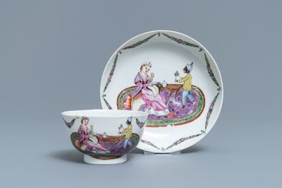 A Chinese famille rose 'European subject' cup and saucer, Qianlong
