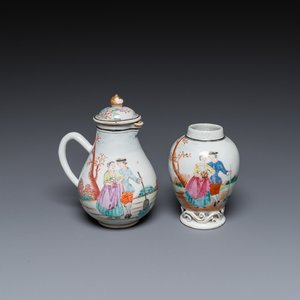 A Chinese famille rose 'European subject' milk jug and tea caddy, Qianlong — 照片 1