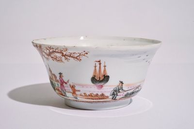 A Chinese famille rose export bowl with a harbour scene, Qianlong