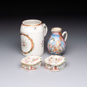 A Chinese famille rose export milk jug, two salts and a barrel-shaped tankard, Qianlong — 照片 1