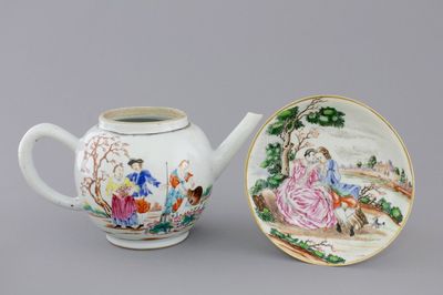 A Chinese famille rose export porcelain teapot and saucer with European subjects, Qianlong, 18th C.