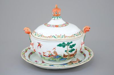 A Chinese famille rose export tureen and cover on stand, Qianlong, 18th C.