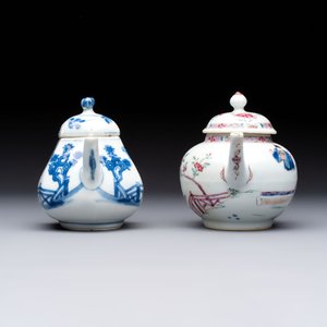 A Chinese famille rose 'Feng Yi Ting 鳳儀亭' teapot and a blue and white teapot with figural design, Yongzheng — 照片 5