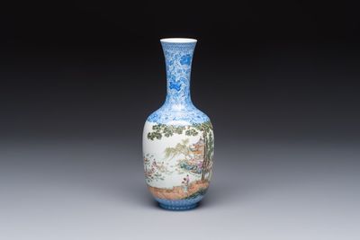 A Chinese famille rose 'Figures at a Lotus Pond' vase, Qianlong mark, 20th C.