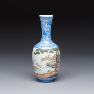 A Chinese famille rose 'Figures at a Lotus Pond' vase, Qianlong mark, 20th C. — photo 1
