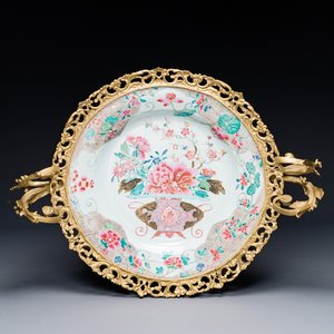A Chinese famille rose 'flower basket' dish with gilt bronze mount, Yongzheng — photo 1