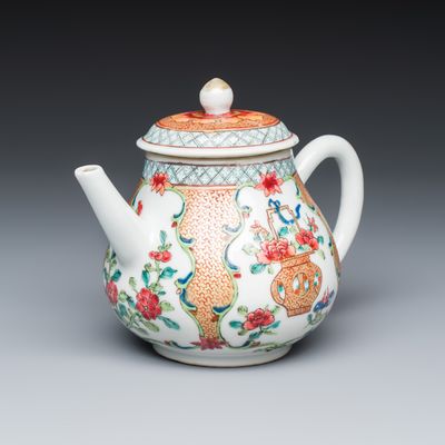 A Chinese famille rose 'Flower Basket' teapot, Yongzheng/Qianlong