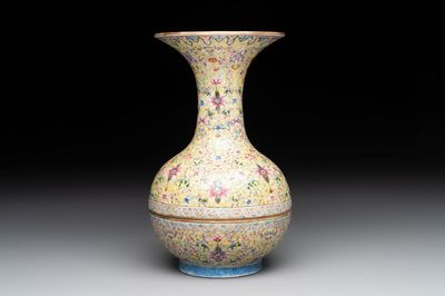 A Chinese famille rose 'flower scroll' vase-shaped box and cover, Qianlong mark, 19th C.