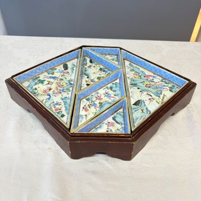 A Chinese famille rose 'Foreigners Hunting' six-piece sweetmeat set on a wooden tray — photo 1