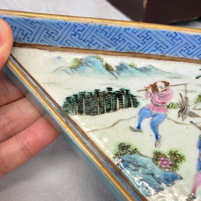 A Chinese famille rose 'Foreigners Hunting' six-piece sweetmeat set on a wooden tray — photo 17