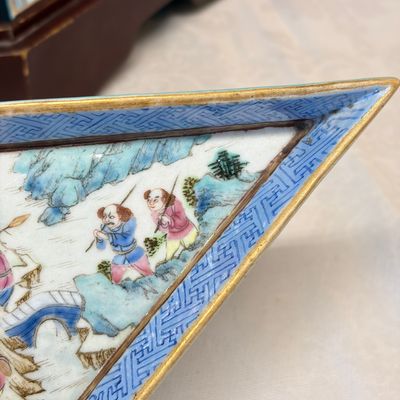 A Chinese famille rose 'Foreigners Hunting' six-piece sweetmeat set on a wooden tray — photo 19