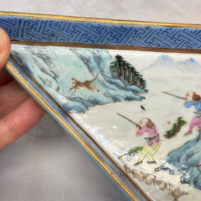 A Chinese famille rose 'Foreigners Hunting' six-piece sweetmeat set on a wooden tray — photo 25