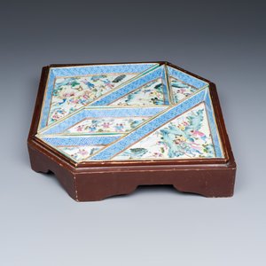 A Chinese famille rose 'Foreigners Hunting' six-piece sweetmeat set on a wooden tray — photo 1