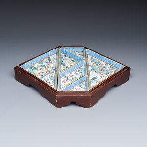 A Chinese famille rose 'Foreigners Hunting' six-piece sweetmeat set on a wooden tray — photo 2