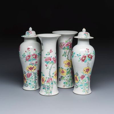 A Chinese famille rose four-piece garniture with floral design, Yongzheng