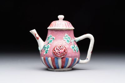 A Chinese famille rose frogspawn-ground relief-molded teapot and cover, Yongzheng