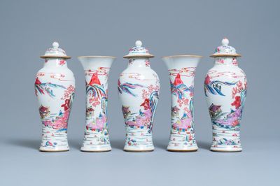A Chinese famille rose garniture of five vases, Yongzheng