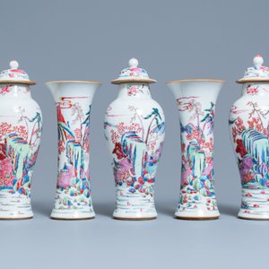 A Chinese famille rose garniture of five vases, Yongzheng — 照片 4