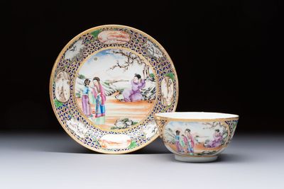 A Chinese famille rose gilt-decorated cup and saucer with figural design, Jiaqing