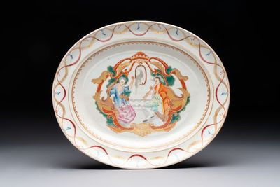 A Chinese famille rose gilt-decorated 'European subject' charger, 20th C.
