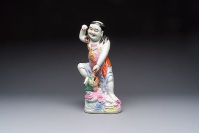 A Chinese famille rose group of Liu Hai and his three-legged toad, Wei Hongtai Zao 魏洪泰造 mark, Republic