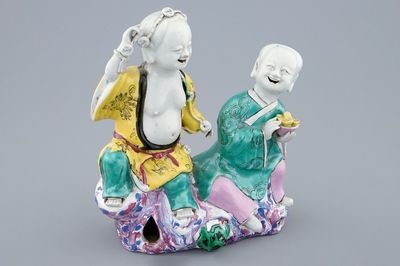 A Chinese famille rose group of the Immortal Twins, Hehe Erxian, 18th C