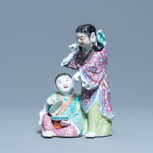 A Chinese famille rose group of two boys with a bat, seal mark, Republic — photo 2
