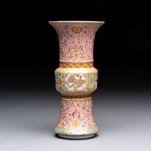A Chinese famille rose 'gu' vase and a robin's egg-glazed tripod double-walled warming bowl, Qianlong mark, 19/20th C. — 照片 13
