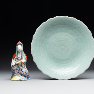 A Chinese famille rose Guanyin and a celadon-glazed dish, Chenghua mark, Qianlong/Jiaqing — photo 1