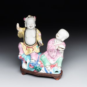 A Chinese famille rose 'Hehe Erxian' group on a wooden stand, Qianlong — photo 1