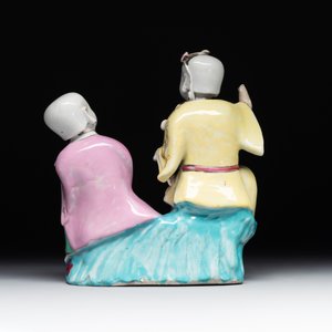 A Chinese famille rose 'Hehe Erxian' group on a wooden stand, Qianlong — photo 4