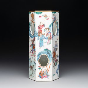 A Chinese famille rose hexagonal hat stand with narrative design, Tongzhi mark and of the period — photo 1