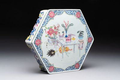 A Chinese famille rose hexagonal stand with antiquities, Yongzheng/Qianlong